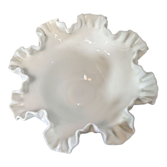 Vintage Fenton 80s White Milk Glass Hobnail Ruffled Crimped Edge Vase Bowl 8.75” - Picture 2 of 8